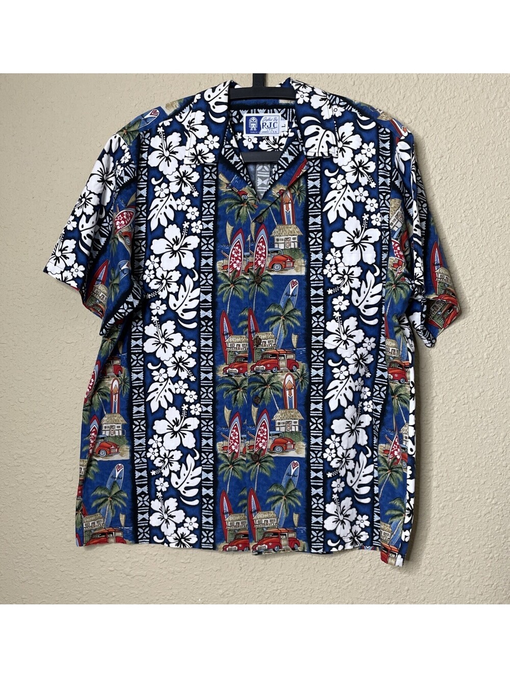 RJC Ltd Made In Hawaii Hawaiian Shirt Mens L Woody Surf Car Surfboard Aloha VTG